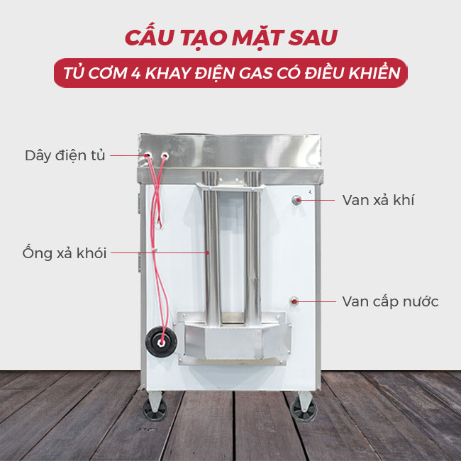 Cấu tạo mặt sau tủ cơm 4 khay điện gas CĐK