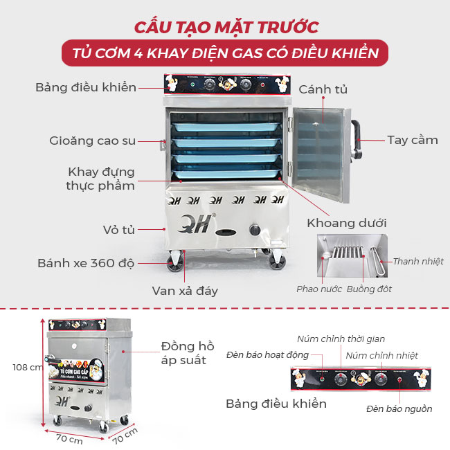 Cấu tạo mặt trước tủ cơm 4 khay điện gas CĐK