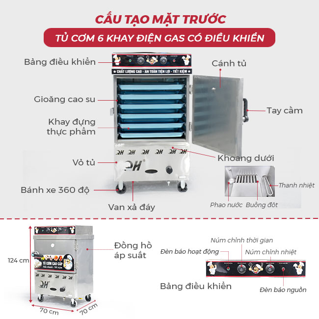 Cấu tạo mặt trước tủ cơm 6 khay điện gas CĐK