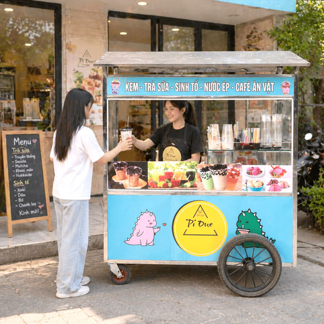 Setup quầy bán trà sữa bằng xe inox 1m8