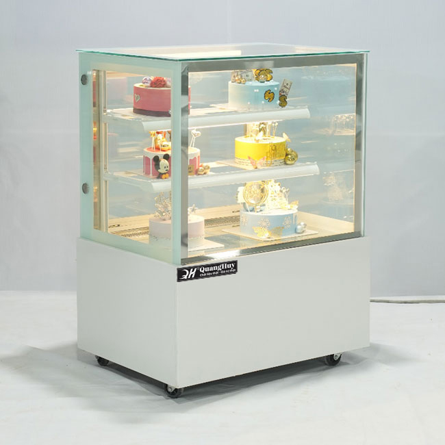 Tủ bánh kem 90cm kính vuông 3 tầng tiết kiệm diện tích