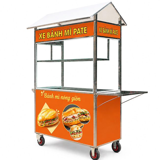 Xe bán bánh mi pate 1m8 thiết kế mái chùa