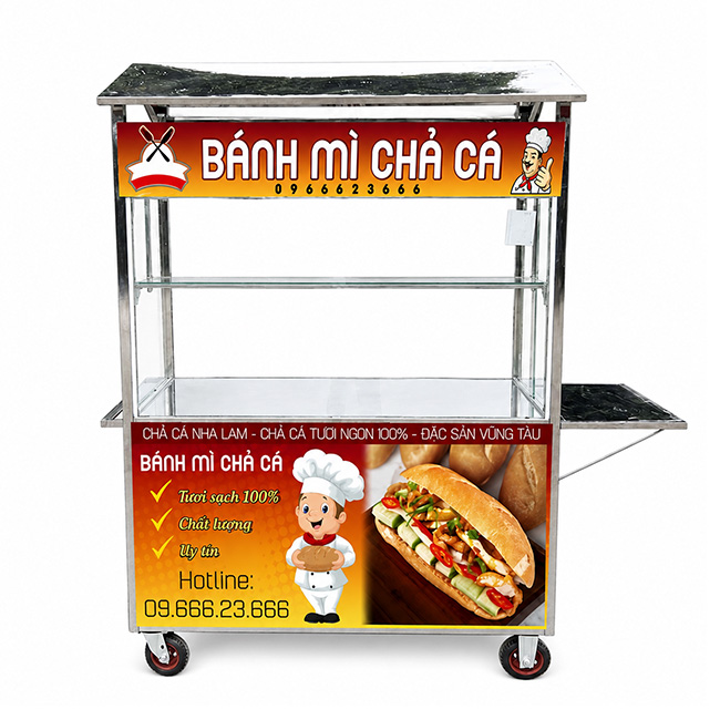 Xe bánh mì chả cá mái chùa 2m Quang Huy chất lượng