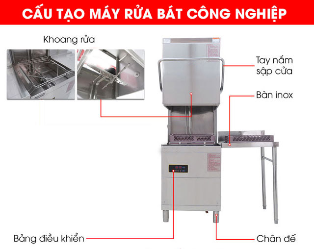 Máy rửa bát cửa sập tích hợp giá để bát đĩa