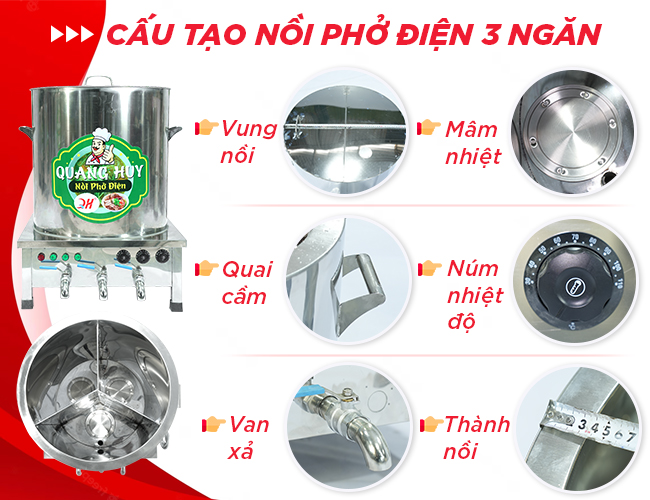 Cấu tạo nồi nấu phở 3 ngăn 120 lít