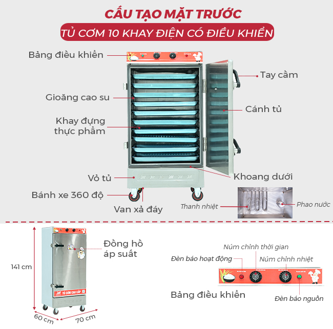 Thiết kế mặt trước tủ cơm 10 khay điện CĐK