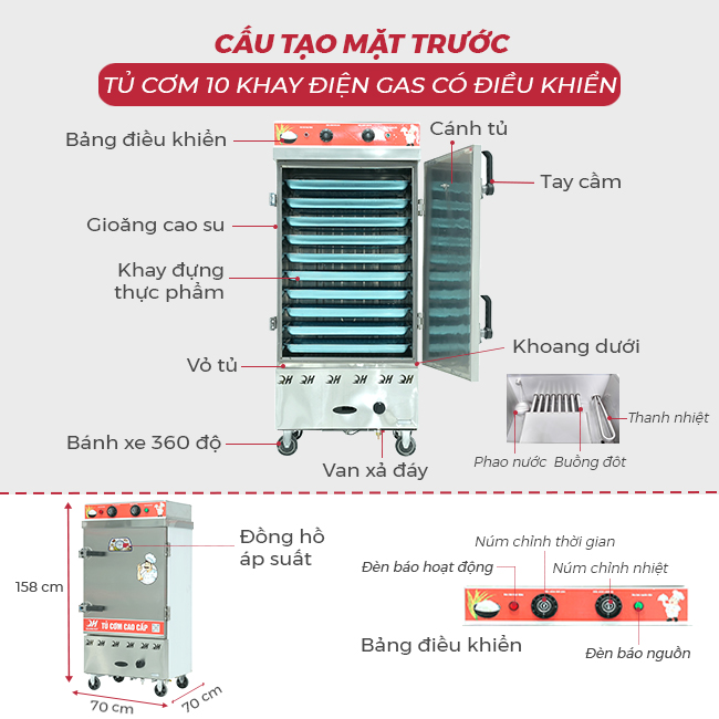 Thiết kế mặt trước tủ cơm 10 khay điện gas có điều khiển 