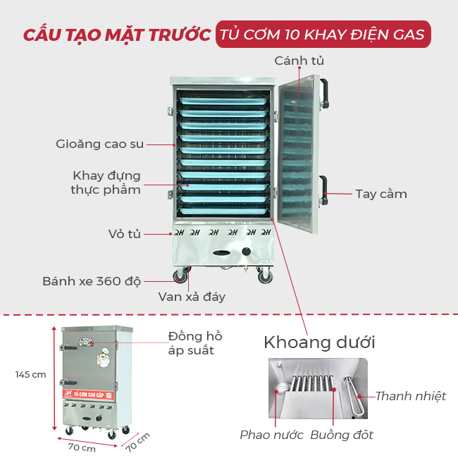 Thiết kế mặt trước tủ cơm 10 khay điện gas