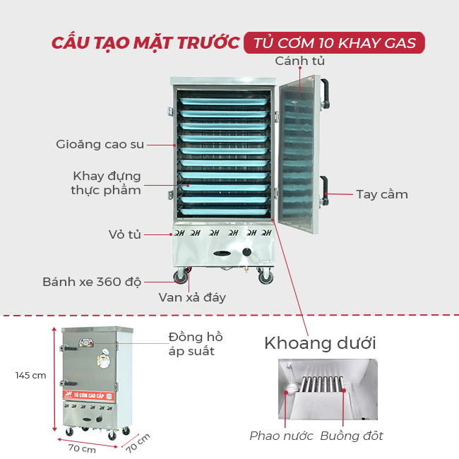 Thiết kế mặt trước tủ cơm 10 khay gas