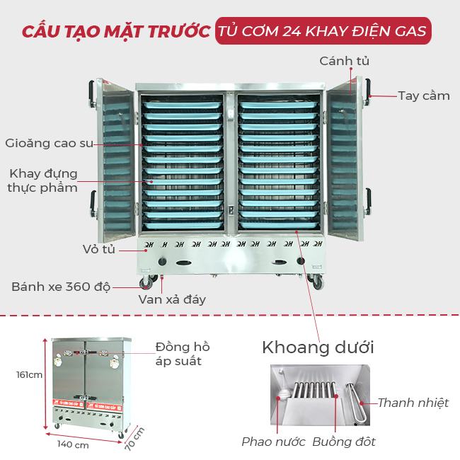 Thiết kế mặt trước tủ cơm 24 khay điện gas