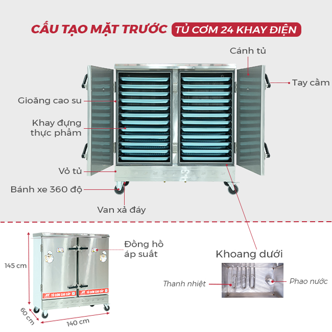 Thiết kế mặt trước tủ cơm 24 khay điện