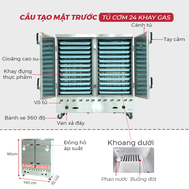 Thiết kế mặt trước tủ cơm 24 khay gas