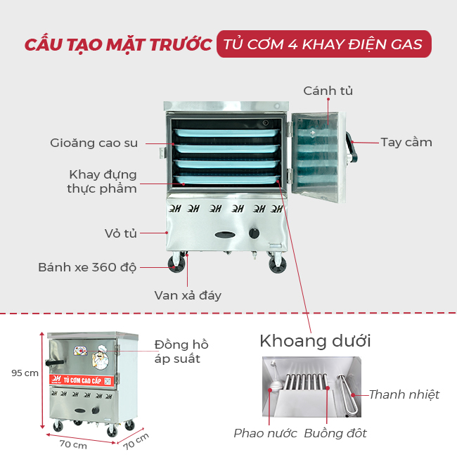 Thiết kế mặt trước tủ cơm 4 khay điện gas