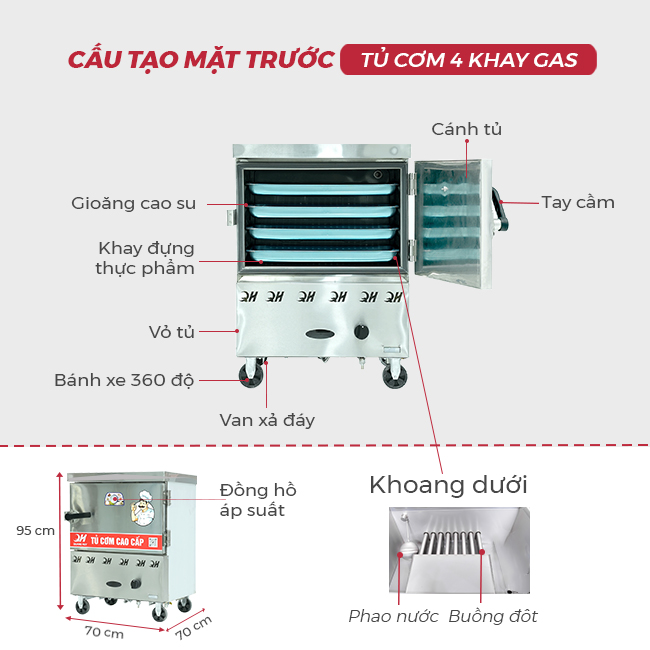 Thiết kế mặt trước tủ cơm 4 khay gas