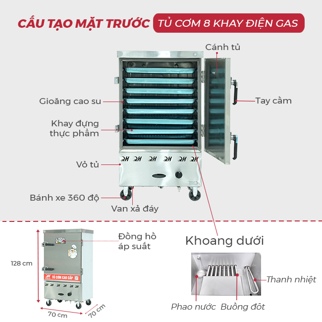 Thiết kế mặt trước tủ cơm 8 khay điện gas
