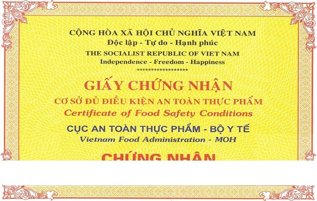 Giấy chứng nhận an toàn vệ sinh thực phẩm