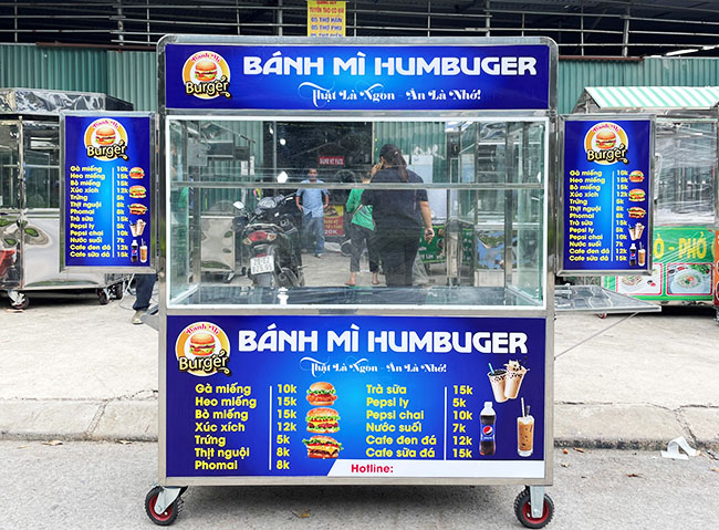Không gian xe đẩy bánh mì hamburger mái bằng 1m8