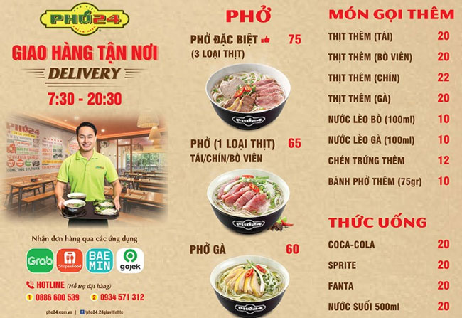 Menu quán phở 24