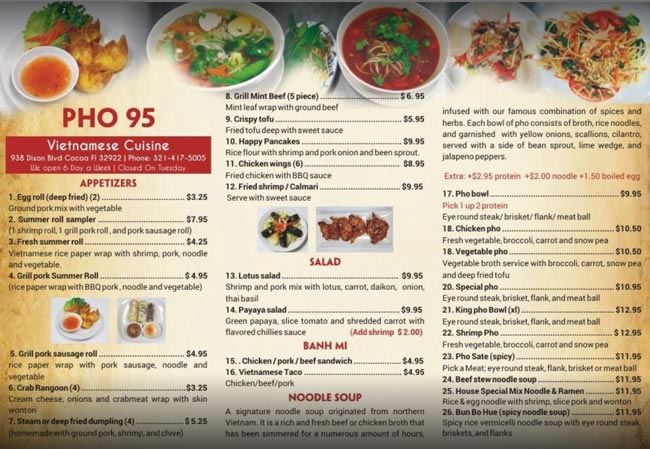 Menu quán phở 95