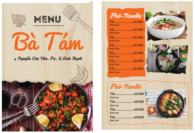 Menu quán phở Bà Tám