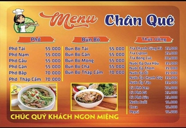 Menu quán phở Chân Quê