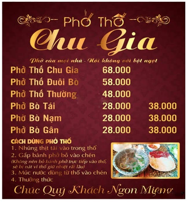 Menu quán phở Chu Gia