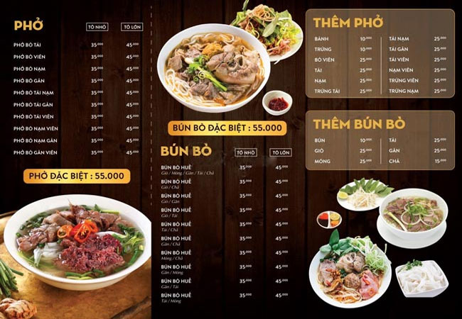 Menu quán phở Hai Chẹ