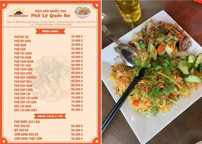 Menu quán phở Lý Quốc Sư