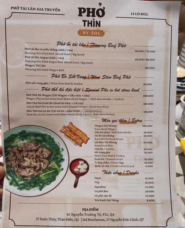 Menu quán phở Thìn