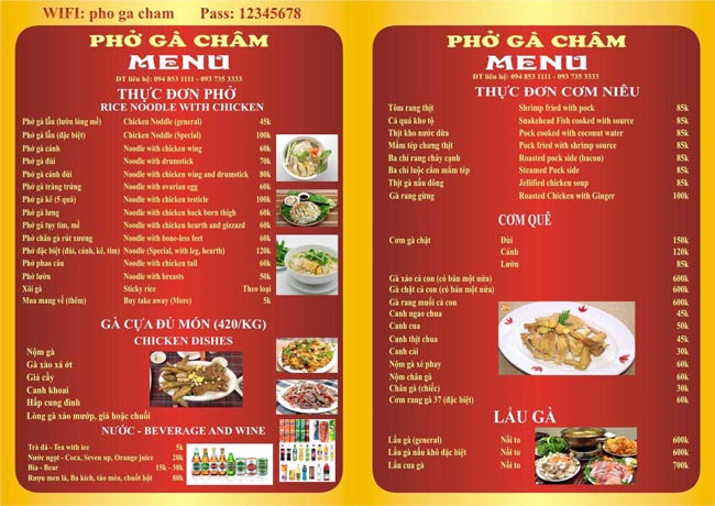 Giá bán phở gà Châm