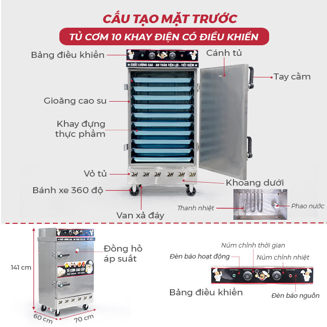 Thiết kế mặt trước tủ cơm 10 khay điện CĐK