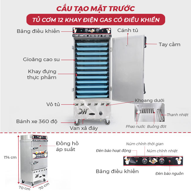 Thiết kế mặt trước tủ cơm 12 khay điện ga CĐK