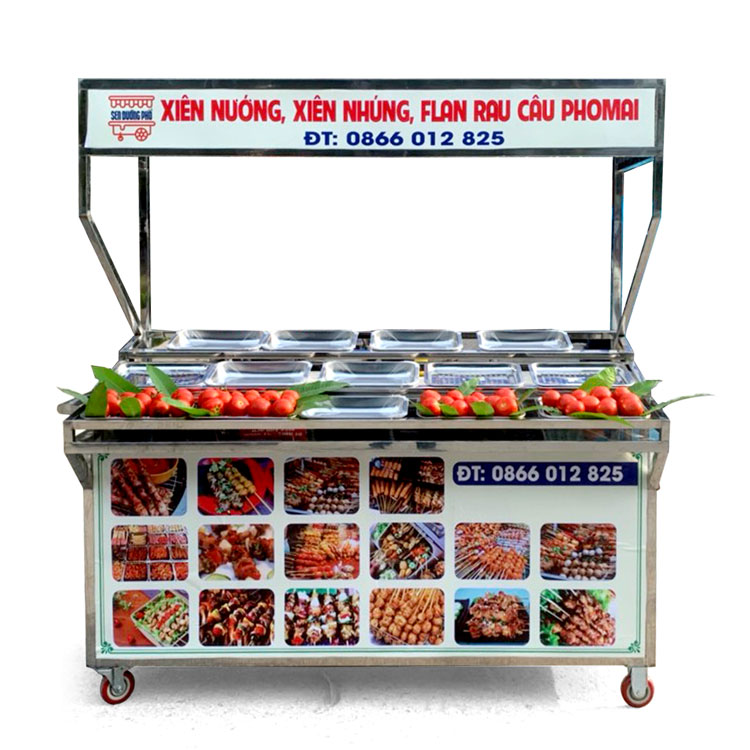 Mặt bàn xe bán thịt xiên nướng mái bằng