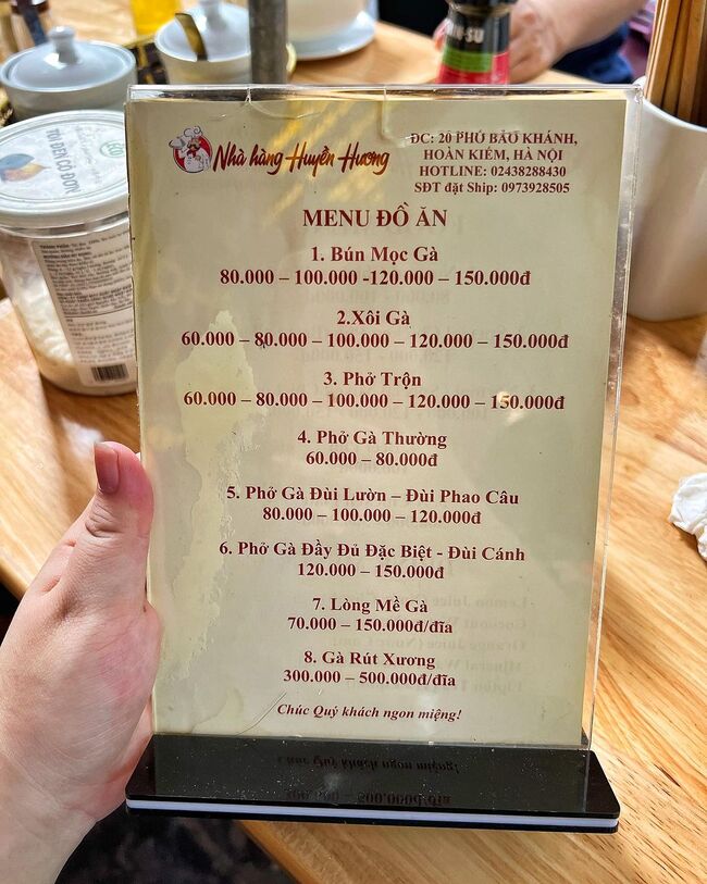 Menu giá tại phở gà Bảo Khánh