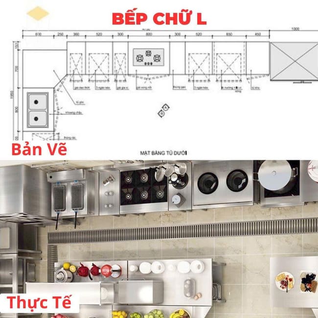 Thiết kế bếp nhà hàng kiểu chữ L