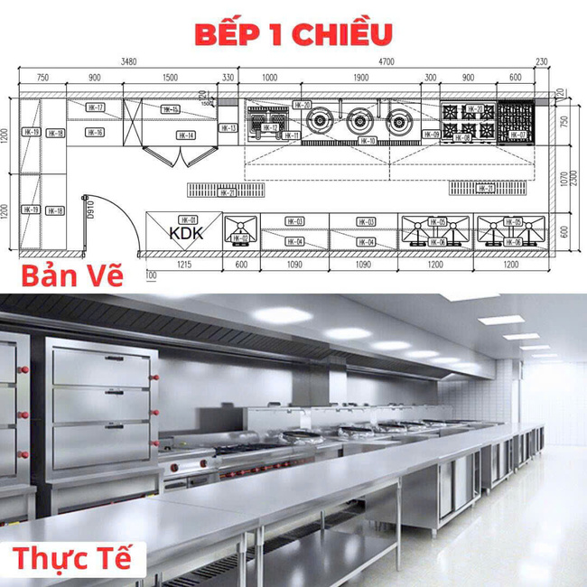 Thiết kế bếp nhà hàng kiểu một chiều