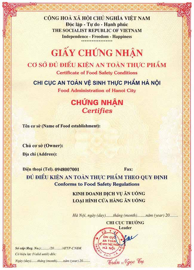 Giấy chứng nhận an toàn vệ sinh thực phẩm