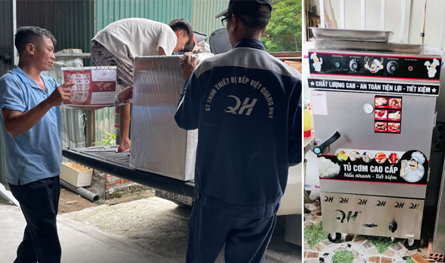 Giao tủ cơm 6 khay điện gas nhanh chóng