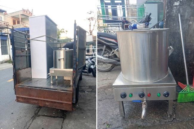 Nồi nấu phở thanh l&yacute; trực tiếp tại cửa h&agrave;ng