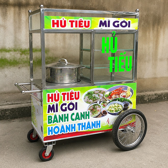 Cấu tạo và thiết kế xe hủ tiếu màu xanh nõn 1m có bánh xe
