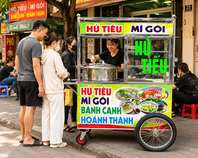 Xe hủ tiếu màu xanh nõn bán hàng tiện lợi