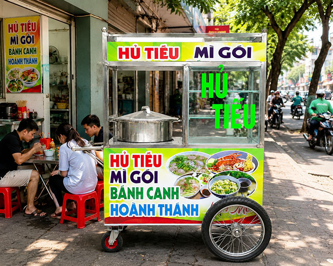Xe hủ tiếu màu xanh nõn tạo hình ảnh quán chuyên nghiệp