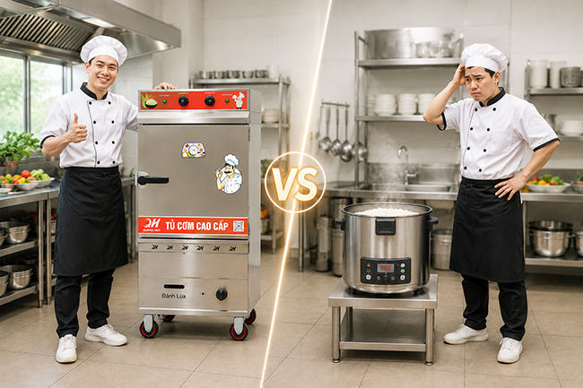 Nên đầu tư tủ nấu cơm hay nồi nấu cơm nghiệp