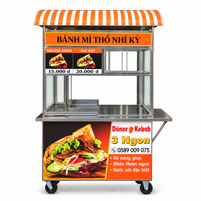 Xe bánh mì Doner Kebab 3 ngon 1m mái vòm sọc cam XBM-TNK 1.0