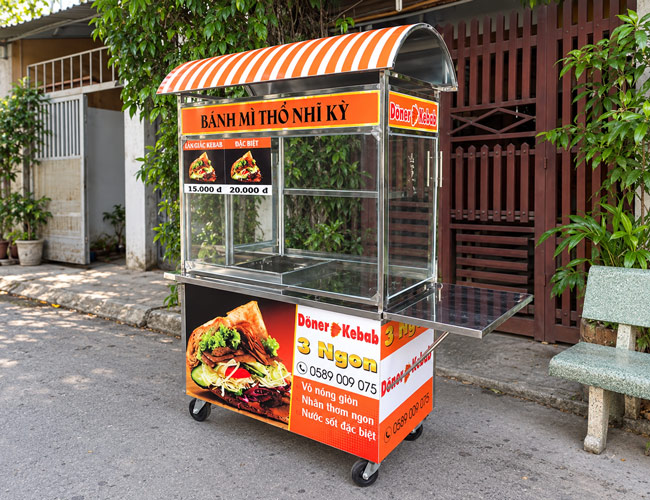 Xe bánh mì Doner Kebab 3 ngon 1m mái vòm sọc cam XBM-TNK 1.0