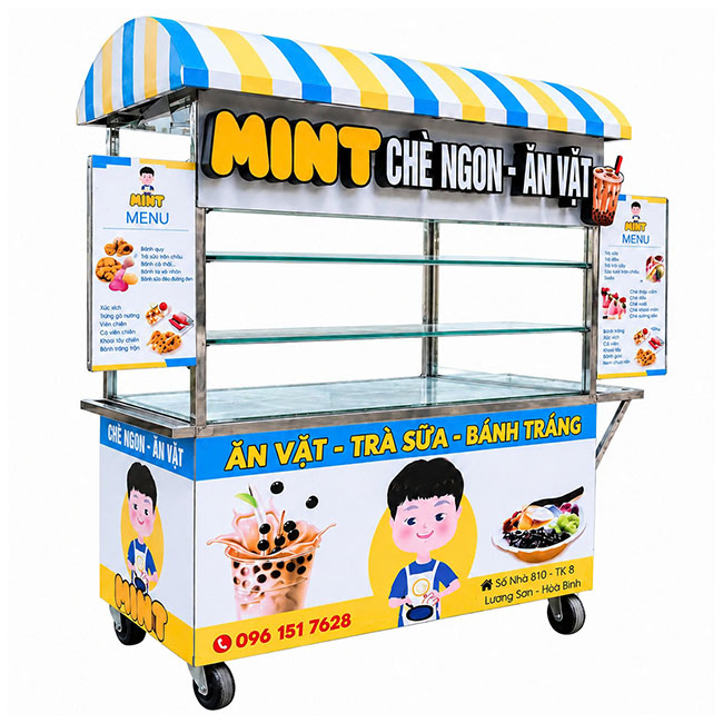 Xe đẩy bán chè Mint mái còm phù hợp với nhiều địa điểm kinh doanh