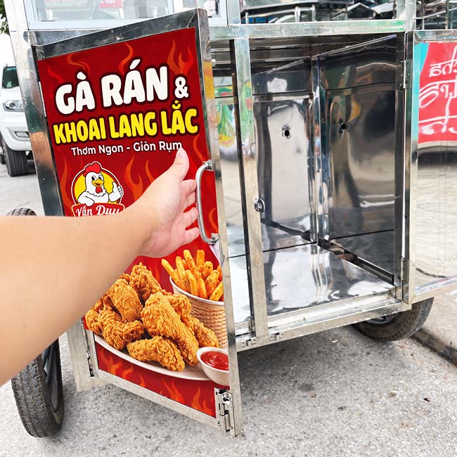 Xe gà rán khoai lang lắc 2m tích hợp tủ chứa nguyên liệu dự phòng